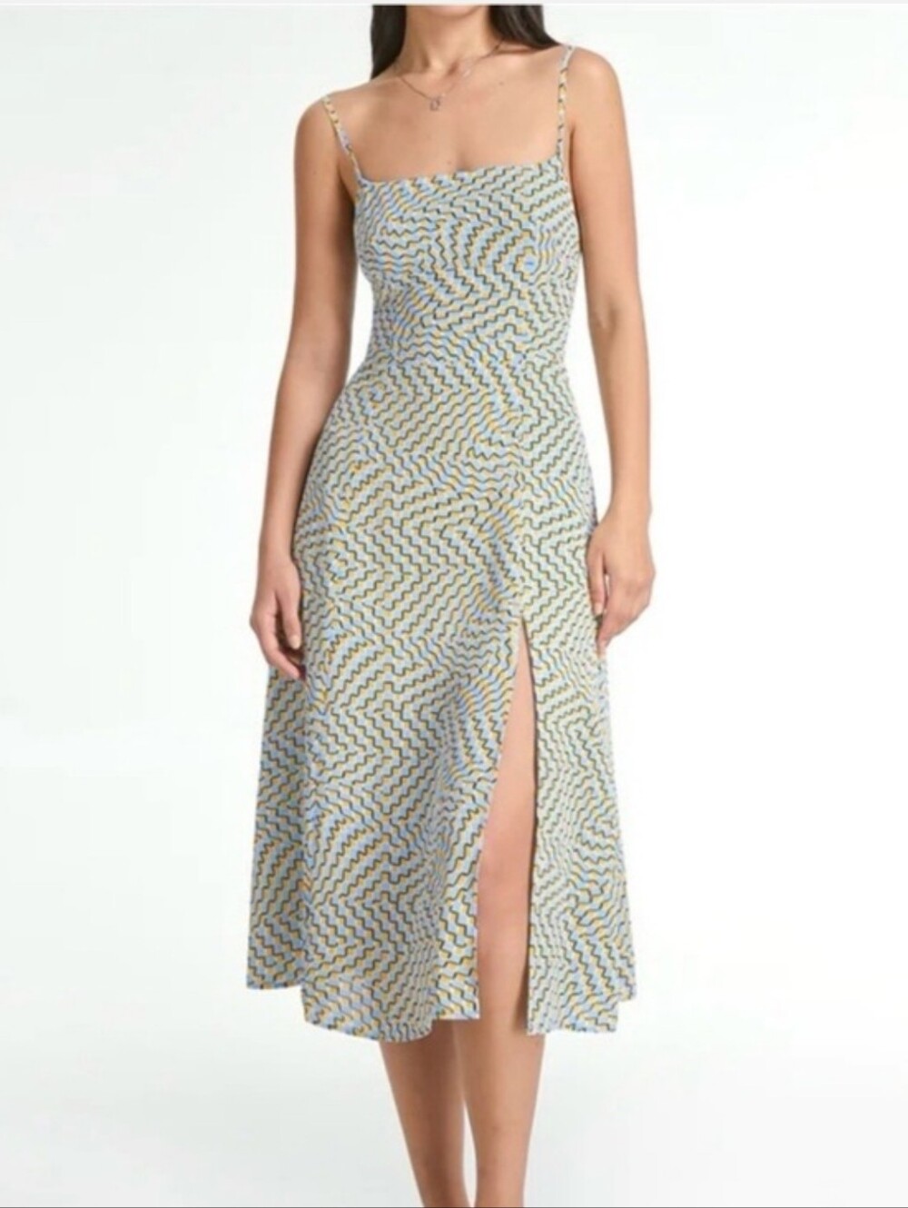 NWT Commense yellow blue pattern spaghetti strap Midi dress